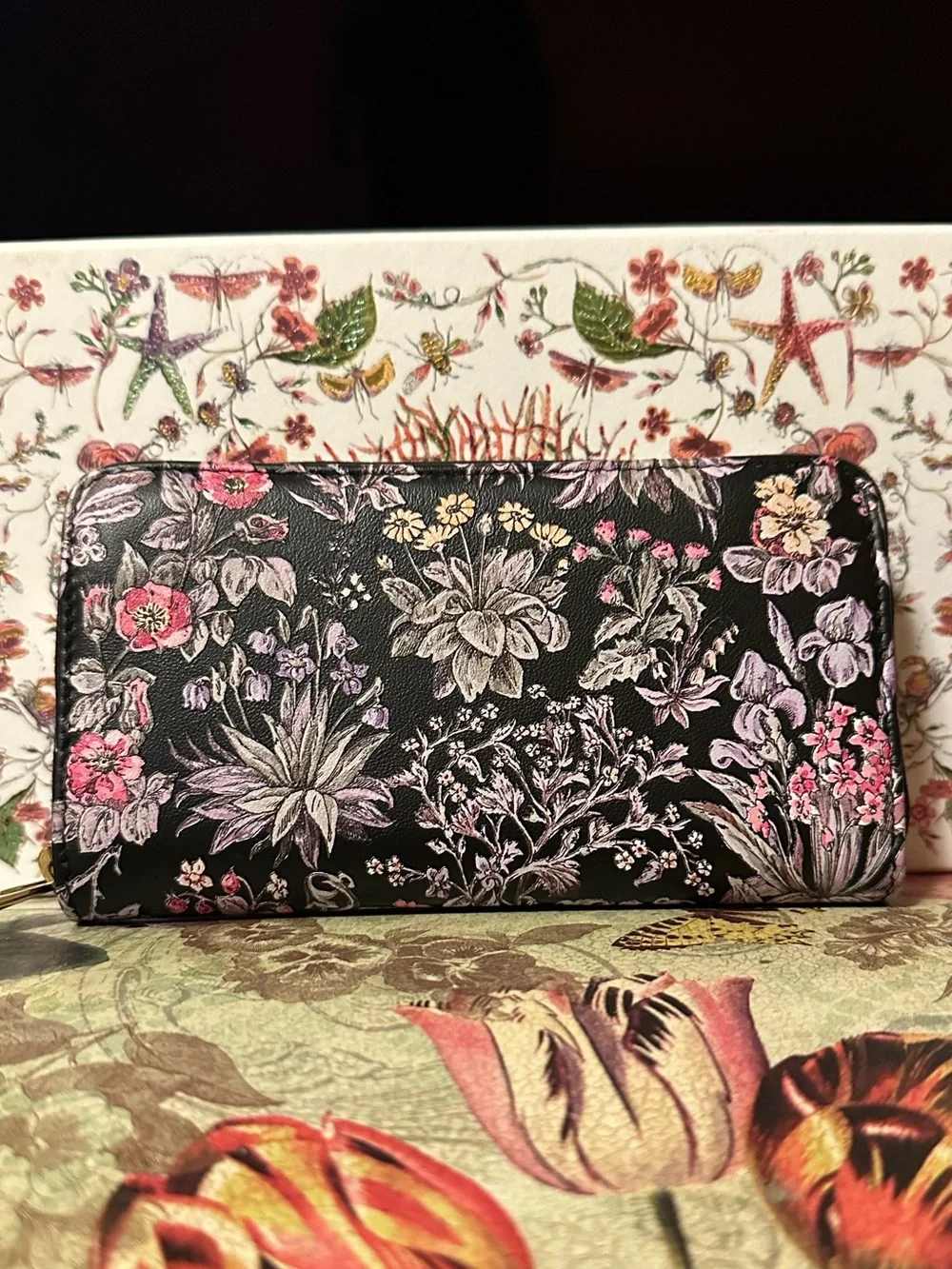 Dior Calfskin Millefiori Printed Lady Dior Zip Wallet Floral Black